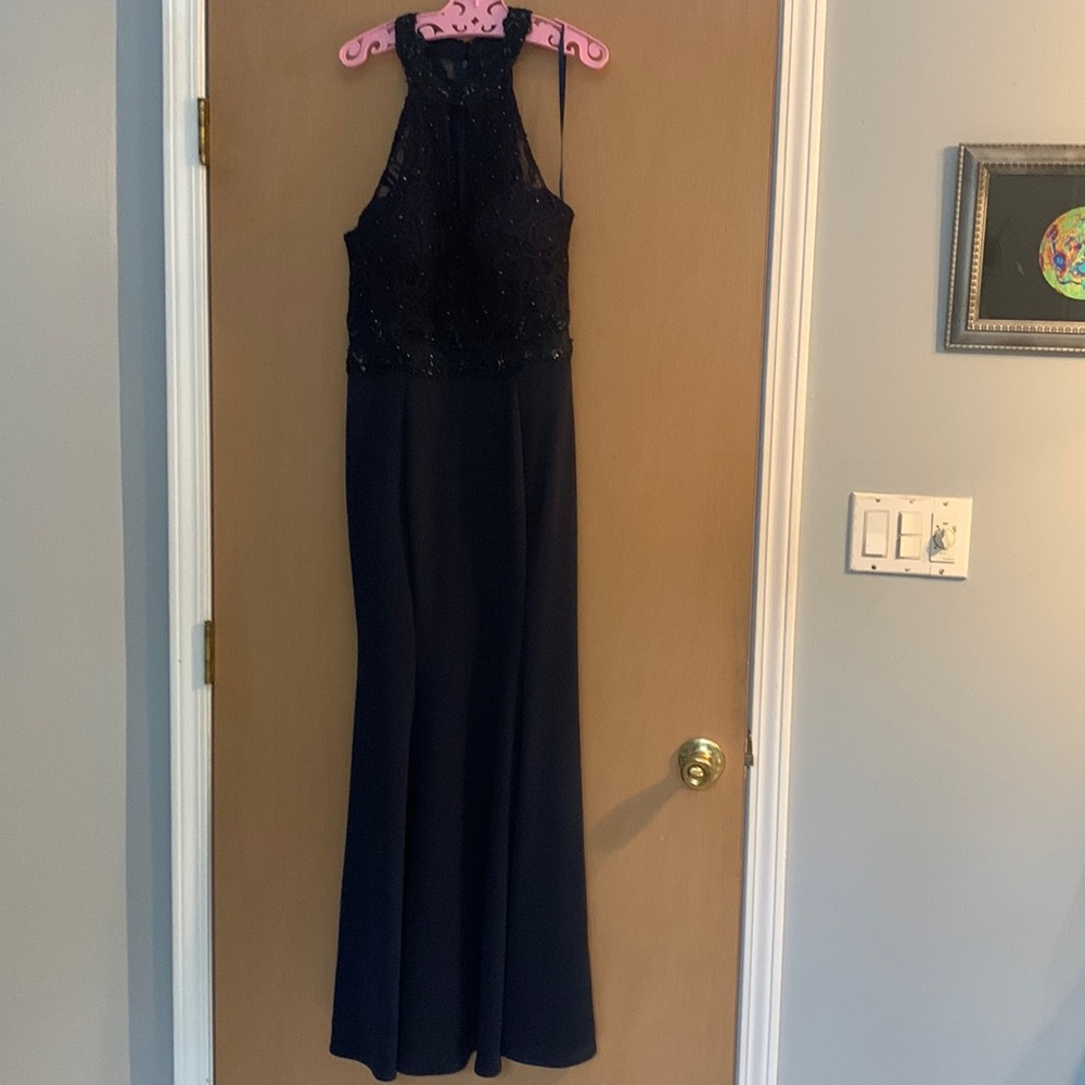 Navy lace crystals keyhole halter jersey mermaid flared formal evening size L.